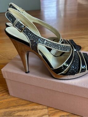 Vintage Miu Miu glitter strap sling-back sandals.